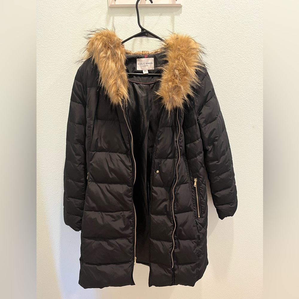 Cole Haan Black Puffer Jacket with Tan Faux Fur Trim